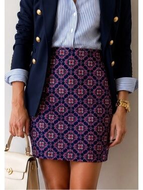 J. Crew Women’s Navy and Pink Patterned High Waisted Pencil Skirt